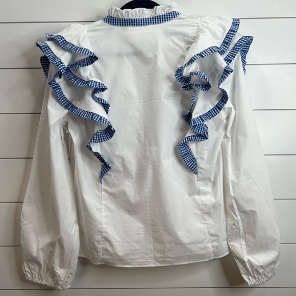 Hyacinth House Blue White Long Gingham Trim Sleeve Ruffle Blouse. Small. NWT. - Picture 5 of 14